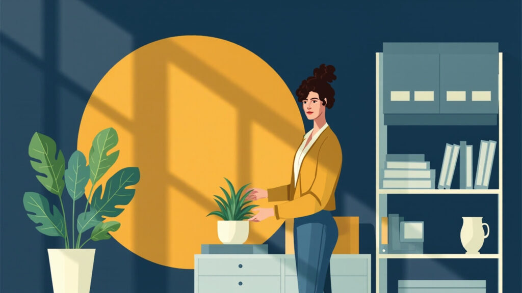 A member of school staff tending a plant in a bright, well-ordered classroom