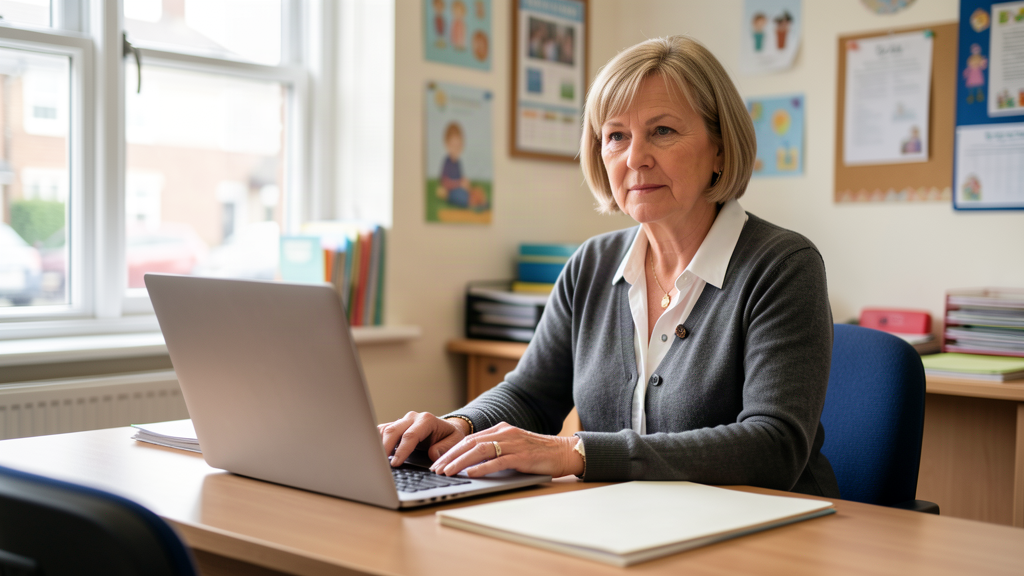 A headteacher reviewing positive handling training cost options at her desk